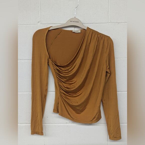 Rtr Lapointe Sz10 Asymmetrical Ruched Top Brown Jersey Long Sleeves Stretch gold - Picture 3 of 7